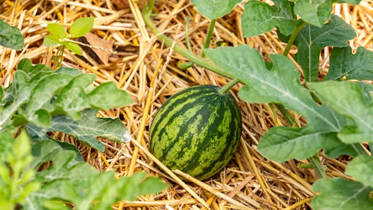 Watermelon growing on a bed of straw mulch surrounded by green leaves in a garden.