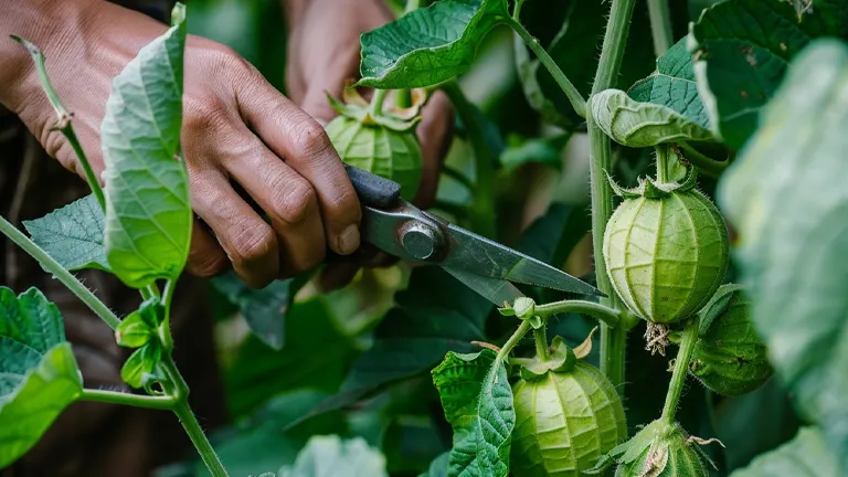Close-up view of a person's hands using pruning shears to trim a tomatillo plant, focusing on a green fruit within its husk, surrounded by lush leaves.