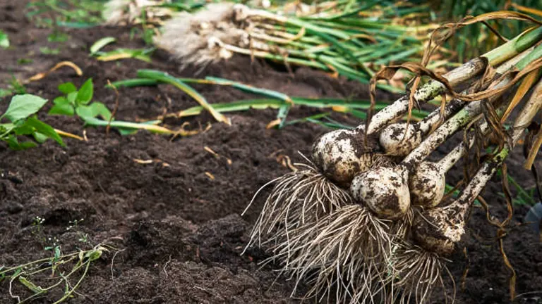 A cluster of freshly harvested garlic bulbs with roots and dirt attached, lying on rich dark soil, with more garlic plants visible in the background.