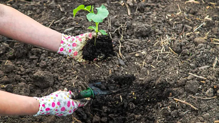A person wearing floral gloves plants a seedling into freshly dug soil using a small garden trowel.