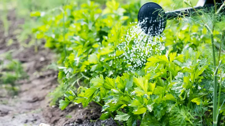 A watering can being used to water a row of lush celery plants in a garden.