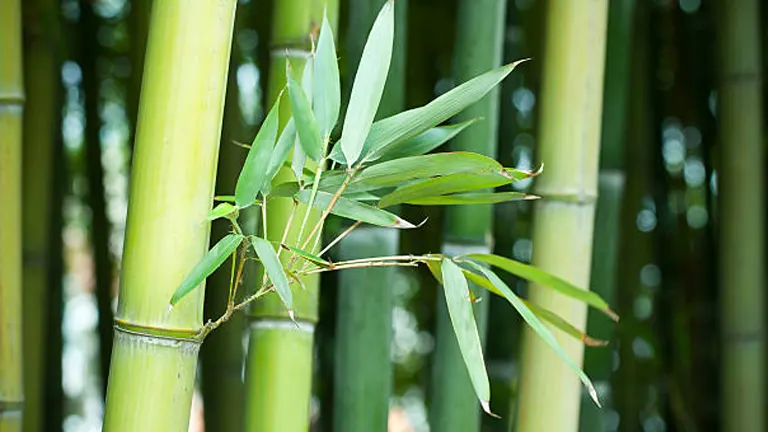 A close-up image of green bamboo stalks with a cluster of bamboo leaves extending from one of the stalks, set against a background of more bamboo.
