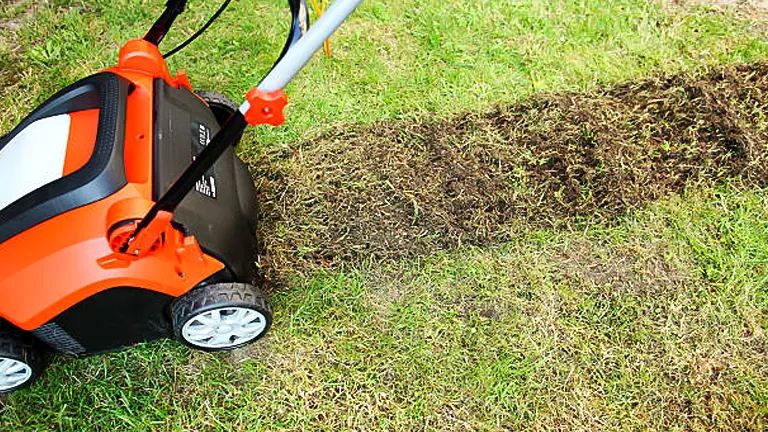 Close-up of a lawn aerator machine creating soil plugs on a grass lawn, showing freshly aerated soil and removed thatch.