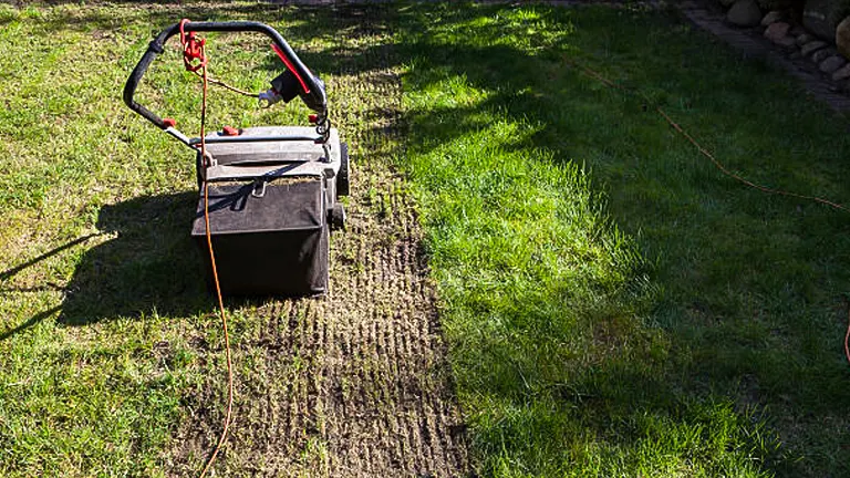 Top view of a lawn aerator machine creating aeration lines on a grassy lawn, with visible soil plugs and freshly aerated ground showing enhanced soil exposure.