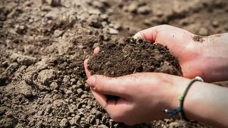 A close-up of two hands holding a clump of rich, dark soil, with small stones and organic matter visible, against a background of more loose soil in a garden setting.