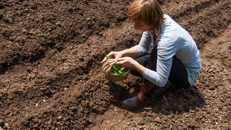 A woman kneeling in a garden, planting a small plant in freshly tilled soil.