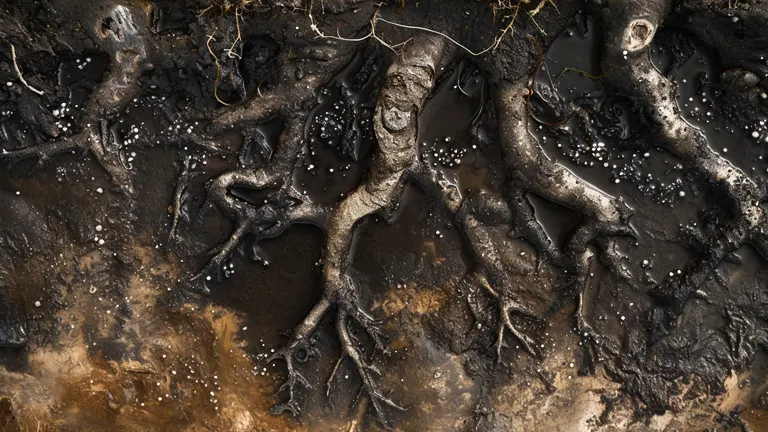 Close-up view of a plant's roots affected by root rot, showing exposed, darkened roots with patches of white spores in a muddy environment.