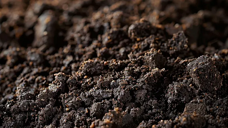 Detailed texture of crumbly, dark humus soil rich in organic matter, with no plants visible.