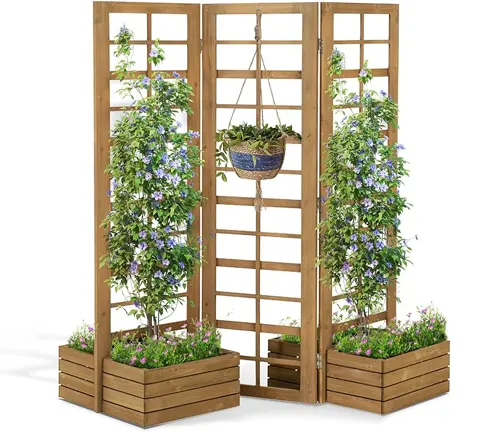 Tri-panel wooden trellis planters filled with blooming blue flowers and additional greenery, featuring a central hanging basket.