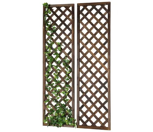 Two vertical wooden lattice trellis panels, one partially covered with climbing green ivy.