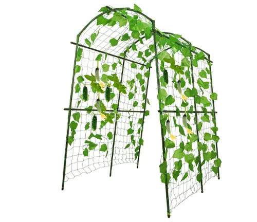 Metal arched trellis covered with a mesh grid, supporting lush green ivy leaves, isolated on a white background.