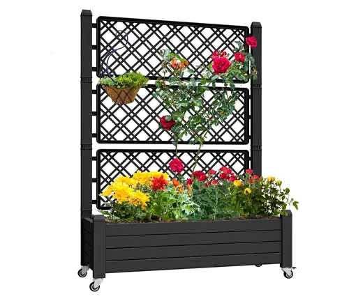 Black planter box with a built-in lattice trellis, adorned with colorful flowers including red roses and yellow blooms, on wheels for easy mobility.