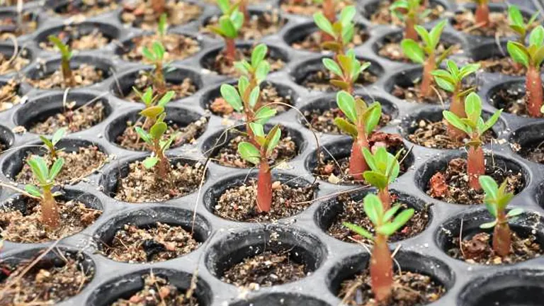 Young Desert Rose seedlings growing in a nursery tray, each seedling emerging from a black plastic cell filled with soil, showcasing the early stages of development with small green leaves and visible caudex.