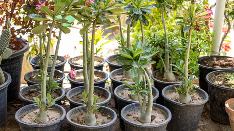 Mature Desert Rose plants in a garden nursery, each prominently displaying a thick, swollen caudex and long green leaves. The plants are potted in black plastic containers and are arranged on a sandy ground, with some showing vibrant pink flowers at their tips.