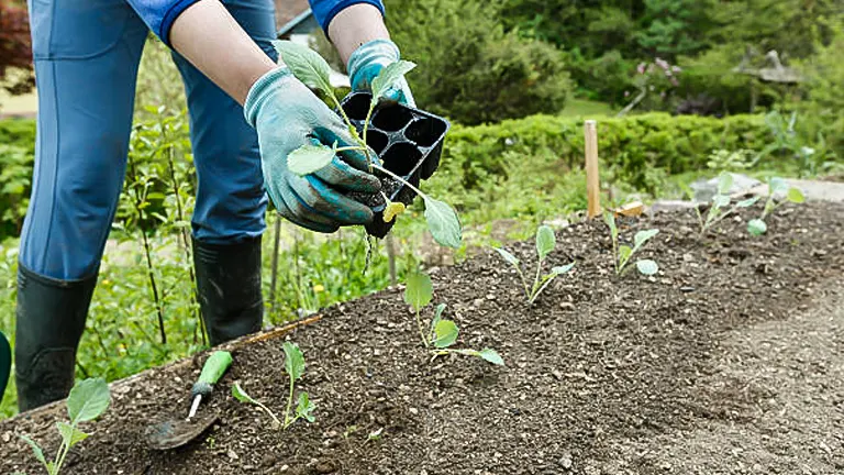 Close-up of a gardener's hands wearing green gloves, carefully removing broccoli seedlings from a plastic nursery tray for transplanting into a prepared garden bed.