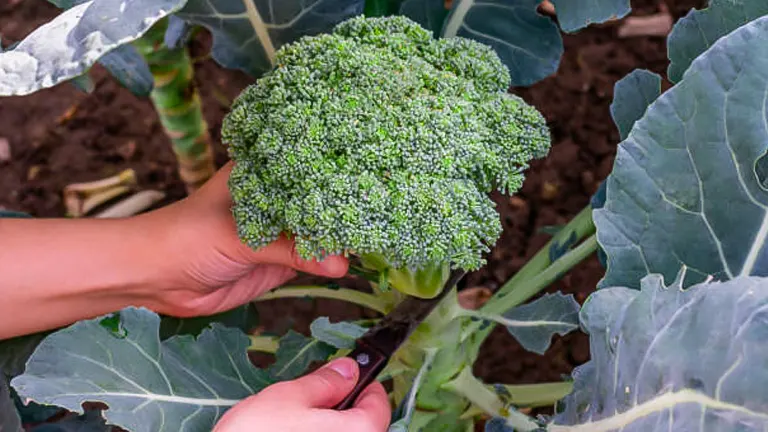 Close-up of hands using scissors to harvest a large, healthy broccoli head from a plant, with visible green leaves surrounding the broccoli in a garden.