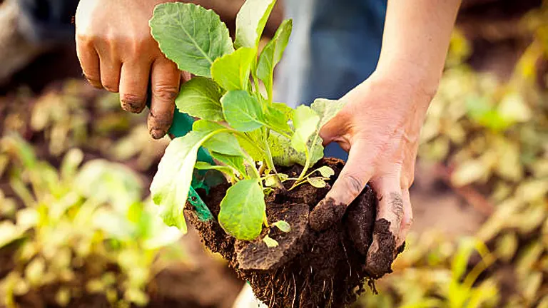 Close-up of a person's hands holding a young cabbage plant with roots and soil, ready to be transplanted into a garden bed.