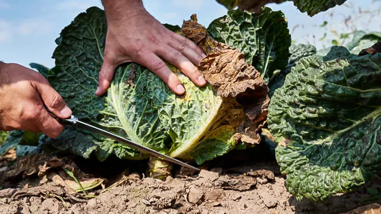 A person's hands using scissors to carefully harvest a head of cabbage from the soil, showing detailed texture of the cabbage leaves and the surrounding earth.