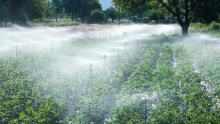 Automated sprinklers watering a large vegetable garden, emitting a fine mist over lush green plants under sunny conditions.