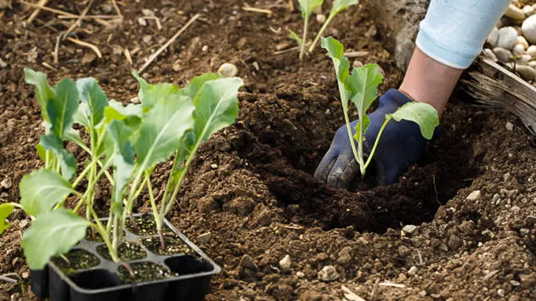 Person planting young cauliflower seedlings in a garden, with rich soil visible and a gardening trowel nearby.
