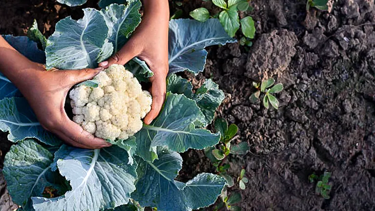 Hands gently cradling a ripe cauliflower head, surrounded by lush leaves, in a garden bed.