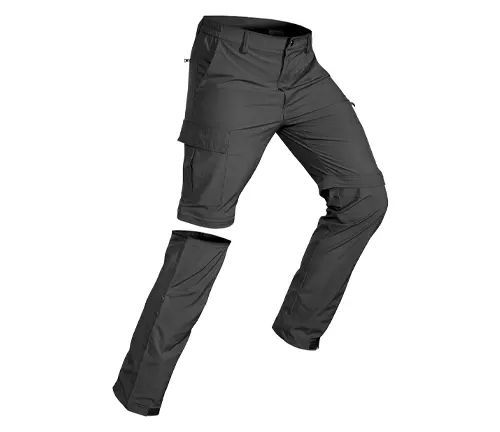 Floating image of dark gray convertible hiking pants with zip-off sections, designed for versatility in outdoor activities.