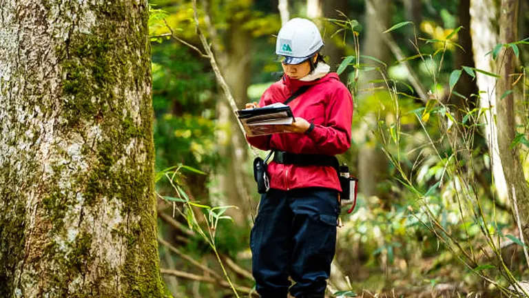 A forest conservation worker wearing a red jacket and white helmet is taking notes on a clipboard while inspecting a tree in a lush forest, emphasizing active environmental management.