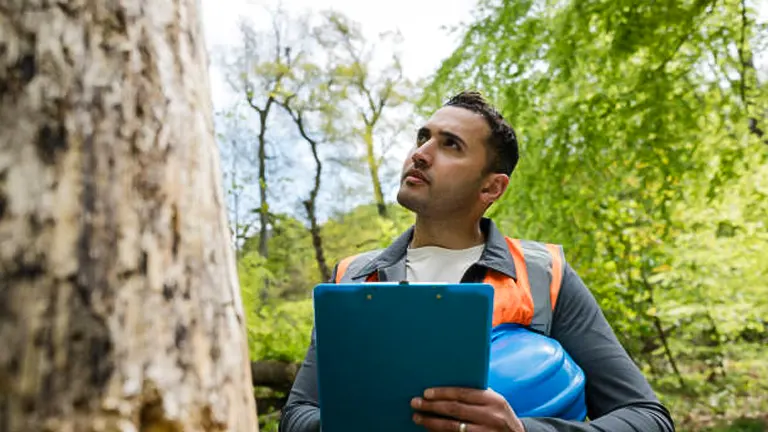 A forestry professional, wearing an orange safety vest and holding a blue helmet, intently examines a large tree while holding a clipboard, surrounded by a lush green forest.