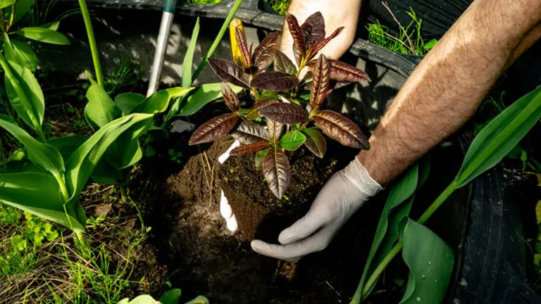 A gardener wearing gloves is planting a young plant with reddish-brown leaves into a freshly dug hole, surrounded by lush green foliage.