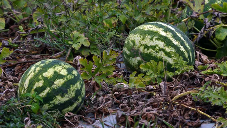 Two ripe watermelons growing among green and dried leaves on the ground.