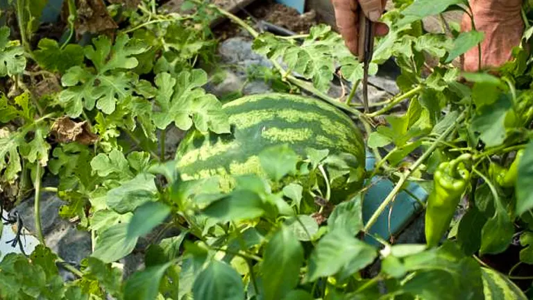 Person pruning watermelon vines in a garden with green plants and a ripe watermelon.