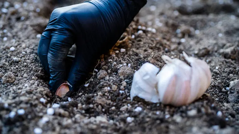 A person wearing a black glove planting a garlic clove in fertile soil, with a focus on the hand and clove, next to a partially visible garlic bulb on the ground.