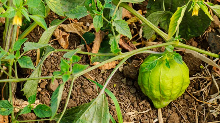 A tomatillo plant with a large green fruit encased in its husk, lying on the ground surrounded by leaves and stems in a garden setting.