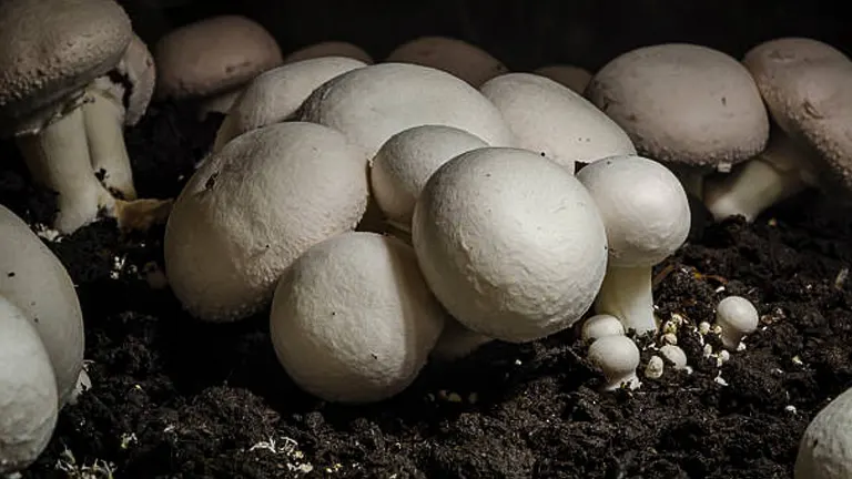 Cluster of white mushrooms growing in dark, rich soil, illuminated from the side, highlighting their smooth caps and stalks.