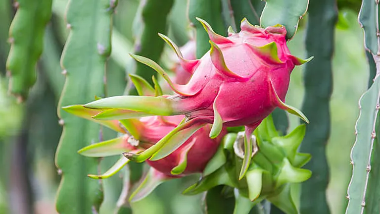 Ripe dragon fruit hanging on a cactus plant, surrounded by green spiky branches.