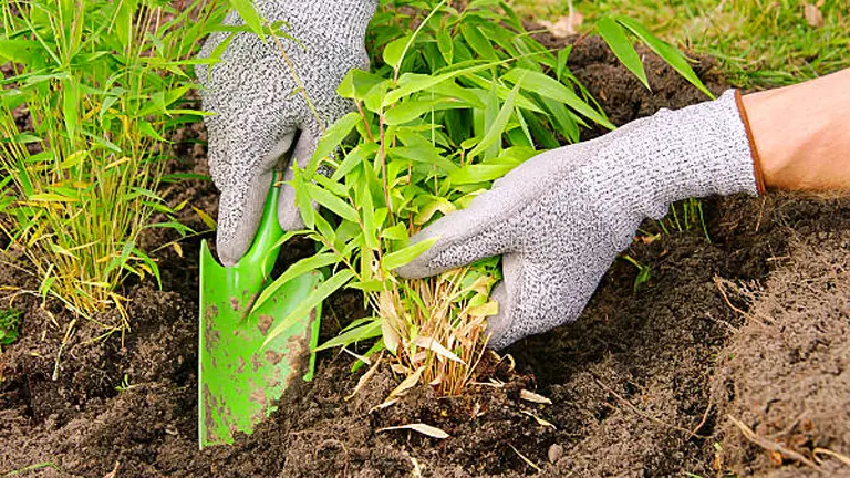 A close-up of a person wearing grey gardening gloves planting a small bamboo plant in the soil. The person is using a green trowel to dig and position the bamboo, ensuring the roots are properly covered with soil.

