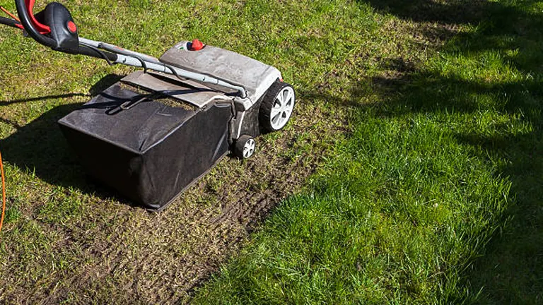 Rear view of a lawn aerator machine working on a grassy lawn, with visible aeration holes and freshly removed thatch collected in the attached container.