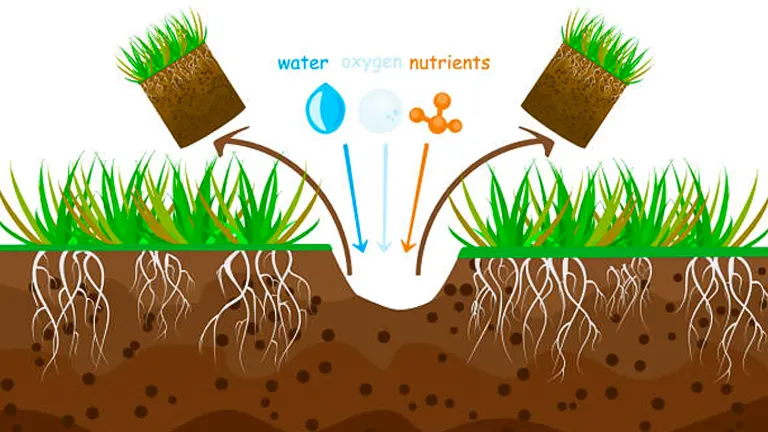 Illustration showing the benefits of lawn aeration: two soil plugs removed from the ground, allowing water, oxygen, and nutrients to reach the grass roots, promoting healthier growth.
