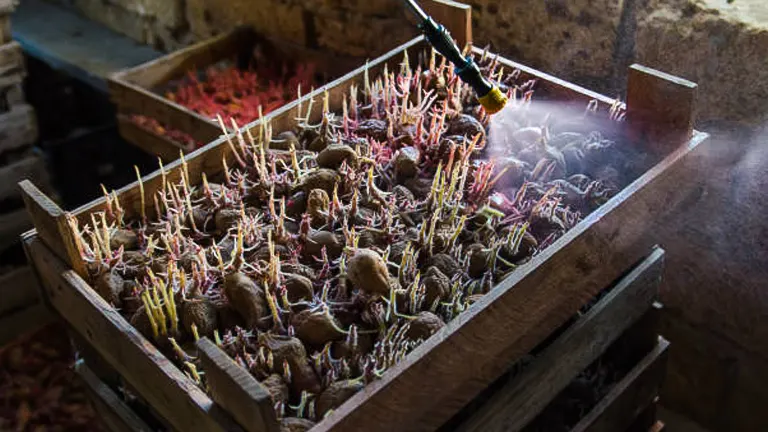 This image depicts a wooden crate filled with sprouting potatoes being misted with water, showcasing the process of hydrating pre-sprouted potatoes in preparation for planting.