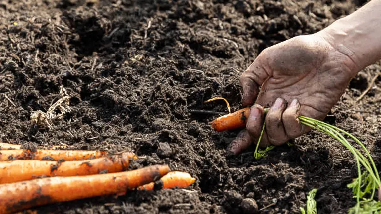 A person harvesting fresh carrots by hand from dark, fertile soil in a garden.