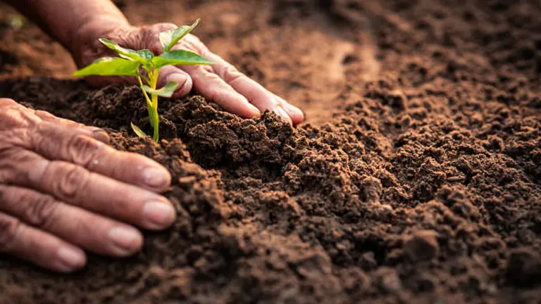 A person planting a young plant in fertile soil, gently covering the roots with dirt.