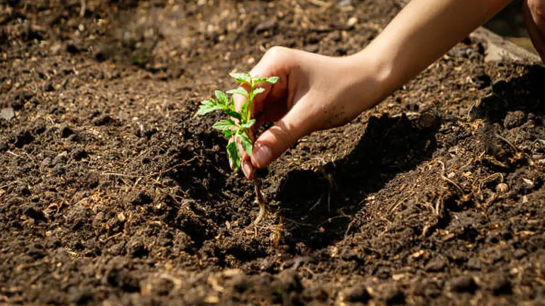 A hand planting a young seedling in rich, dark soil.