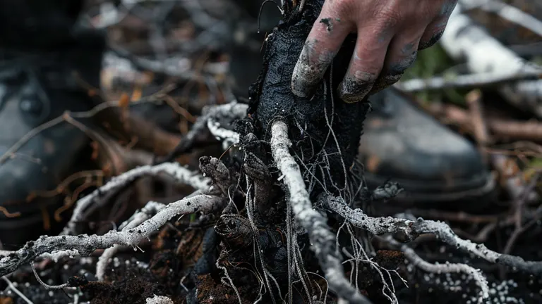 Close-up of a person's hand examining root rot on plant roots, with visible fungal spores and soil.