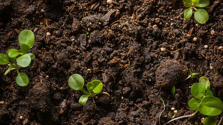 Close-up view of moist, dark humus soil with tiny green seedlings sprouting, showcasing the early stages of plant growth.