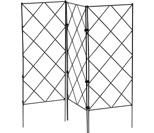 Freestanding three-panel metal trellis with a diamond lattice design, ideal for supporting climbing plants in a garden.