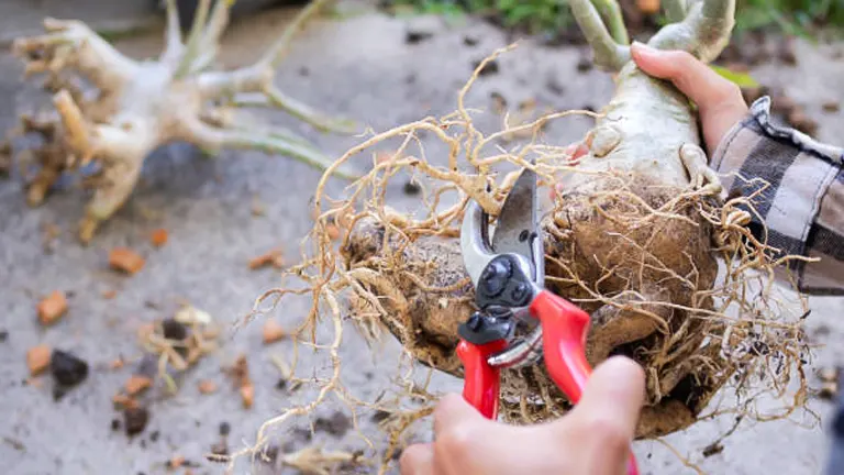 Close-up of a person's hands using red-handled pruning shears to trim the roots of a Desert Rose plant. The plant's thick, bulbous caudex and extensive root system are visible, highlighted against a sandy ground scattered with debris.