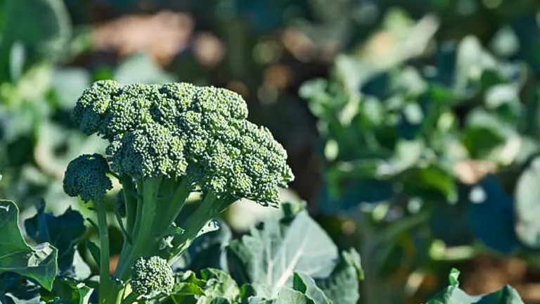 Healthy broccoli plant with large, green florets growing in a field, surrounded by broad, leafy greens under bright sunlight.