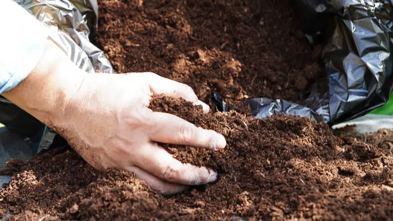 A person's hands mixing rich, dark soil contained within a black plastic bag, preparing it for planting.