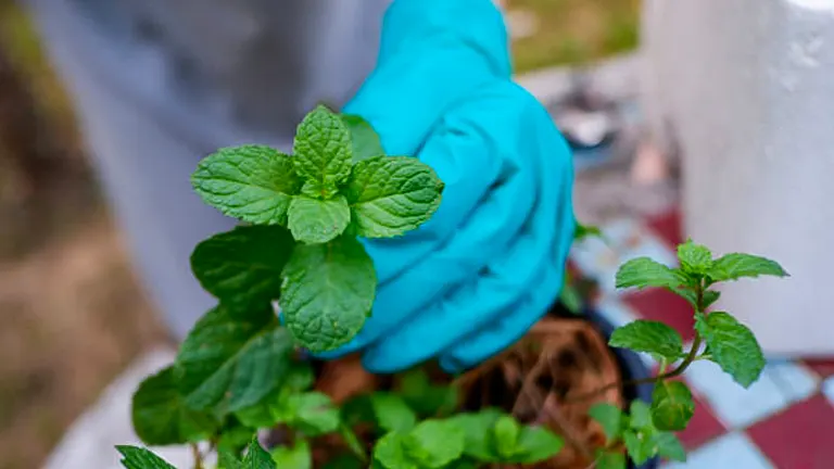 A person wearing blue gloves tending to lush peppermint plants in a pot, demonstrating garden care and cultivation.