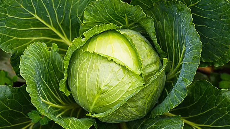 Close-up of a fresh, green cabbage with tightly packed leaves growing in a garden.